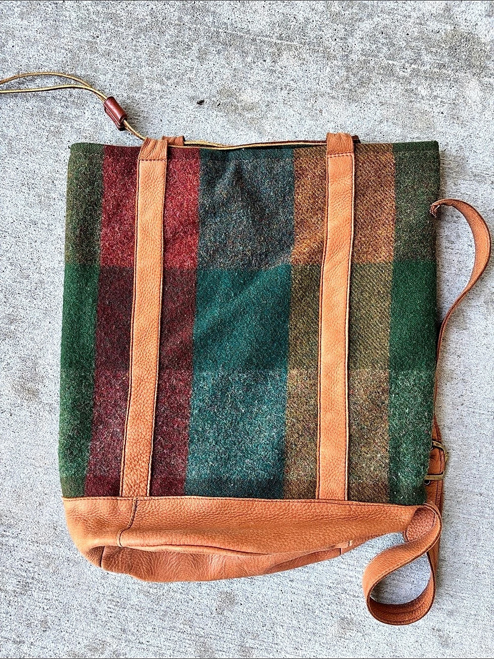 W.B. Place Plaid Wool Vintage Leather Bucket Bag in Green & Brown